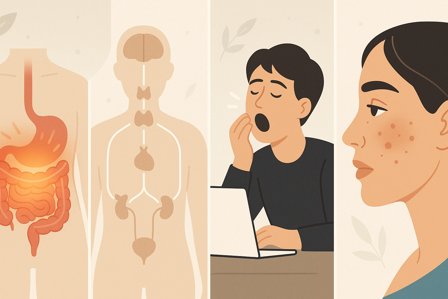 Illustration showing digestive system discomfort, hormonal system diagrams, a tired person yawning at a laptop, and a woman with facial acne, representing common health issues seen by naturopaths in Burlington Ontario