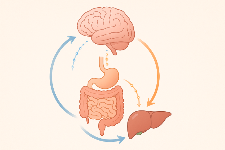 Diagram showing the connection between the brain, digestive system, and liver, illustrating the gut barrier’s role in overall health and clinical testing relevance