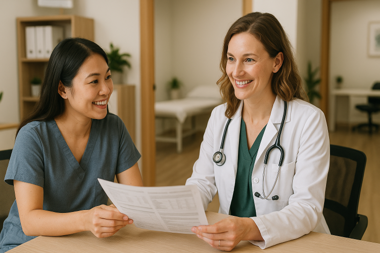 A friendly female doctor in a white coat discusses gut barrier testing results with a smiling patient at a modern Burlington clinic office