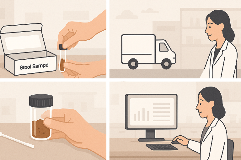 Illustration showing the steps of gut barrier testing, including stool sample collection, transport, and lab analysis by a clinician at Phenom High Performance Medicine Clinic in Burlington