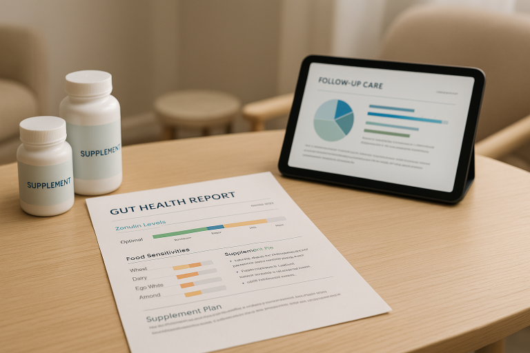 Gut health report with zonulin levels, food sensitivities, and supplements on a clinic desk in Burlington with a digital follow-up care chart in the background