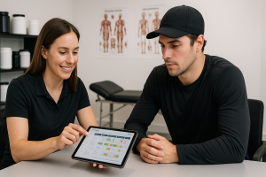 Nutrition expert at Phenom High Performance Medicine Clinic in Burlington discusses a personalized 7 Day Hockey Meal Plan with an athlete using a digital tablet, highlighting tailored dietary support for hockey players.
