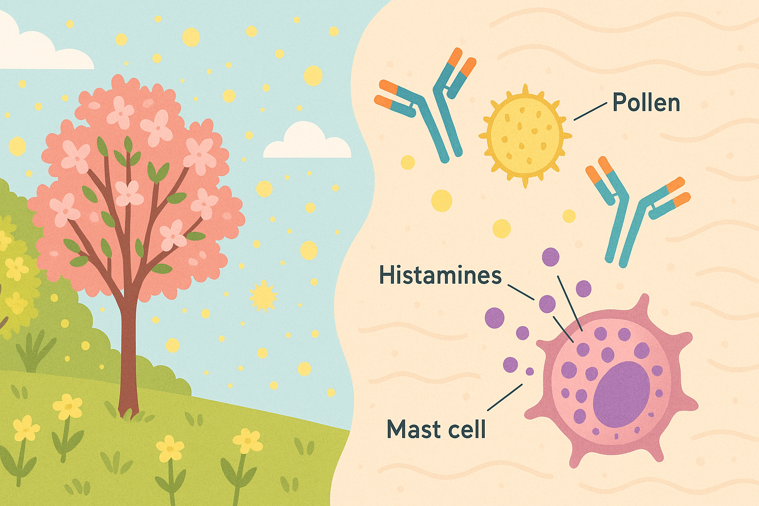 Illustration showing a flowering tree releasing pollen outdoors alongside a labeled diagram of the immune response, highlighting pollen, antibodies, histamines, and mast cells relevant to holistic approaches to seasonal allergies.