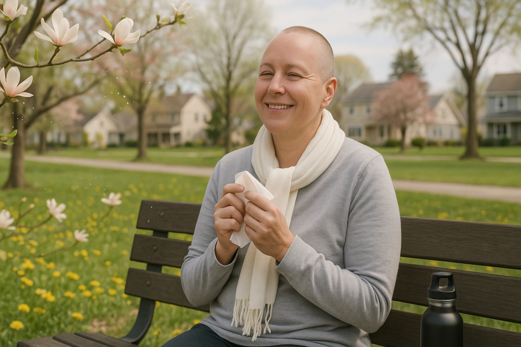 Person with short hair in a light scarf smiling on a park bench during spring, holding a tissue, surrounded by blooming flowers and trees, representing holistic approaches to managing seasonal allergies