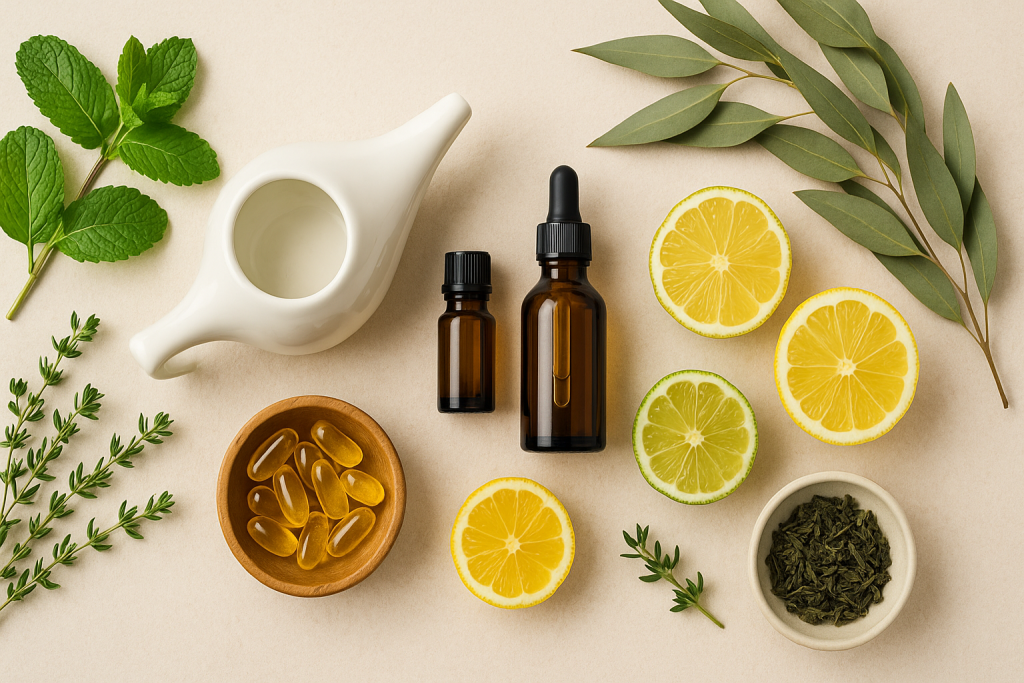 Flat lay of holistic allergy treatments including a ceramic neti pot, amber glass dropper bottles, herbal supplements, green tea leaves, fresh mint, thyme, eucalyptus, and sliced lemons and limes on a neutral background.