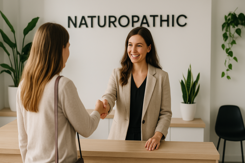 A friendly naturopathic practitioner greets a new patient with a handshake at a modern clinic reception in Burlington, Ontario. The background includes plants and the word 'NATUROPATHIC' on the wall, supporting a welcoming healthcare environment.