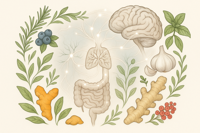 Illustration of human gut and brain connected by neural pathways, surrounded by herbs, spices, blueberries, and garlic, representing naturopathic nutritionist approach to holistic health in Burlington Ontario