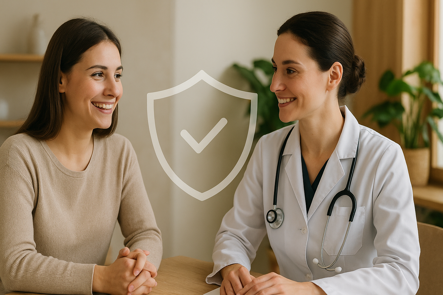 Smiling female patient consulting with a professional naturopathic doctor wearing a white coat and stethoscope in a warm clinic setting, with a security shield symbol overlay representing regulated naturopathic care in Ontario