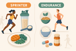 Illustration comparing nutrition plans for runners, showing a female sprinter with protein shake and balanced plate, and a male endurance runner with grains, dairy, and supplements. Visual highlights dietary strategies for different types of runners.