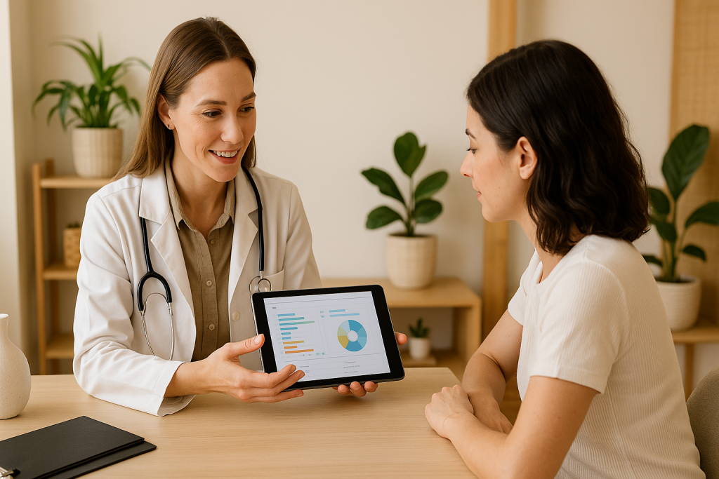 A professional female naturopathic doctor in Burlington explains wellness charts on a digital tablet to a new patient during a first visit consultation in a bright, welcoming clinic office.