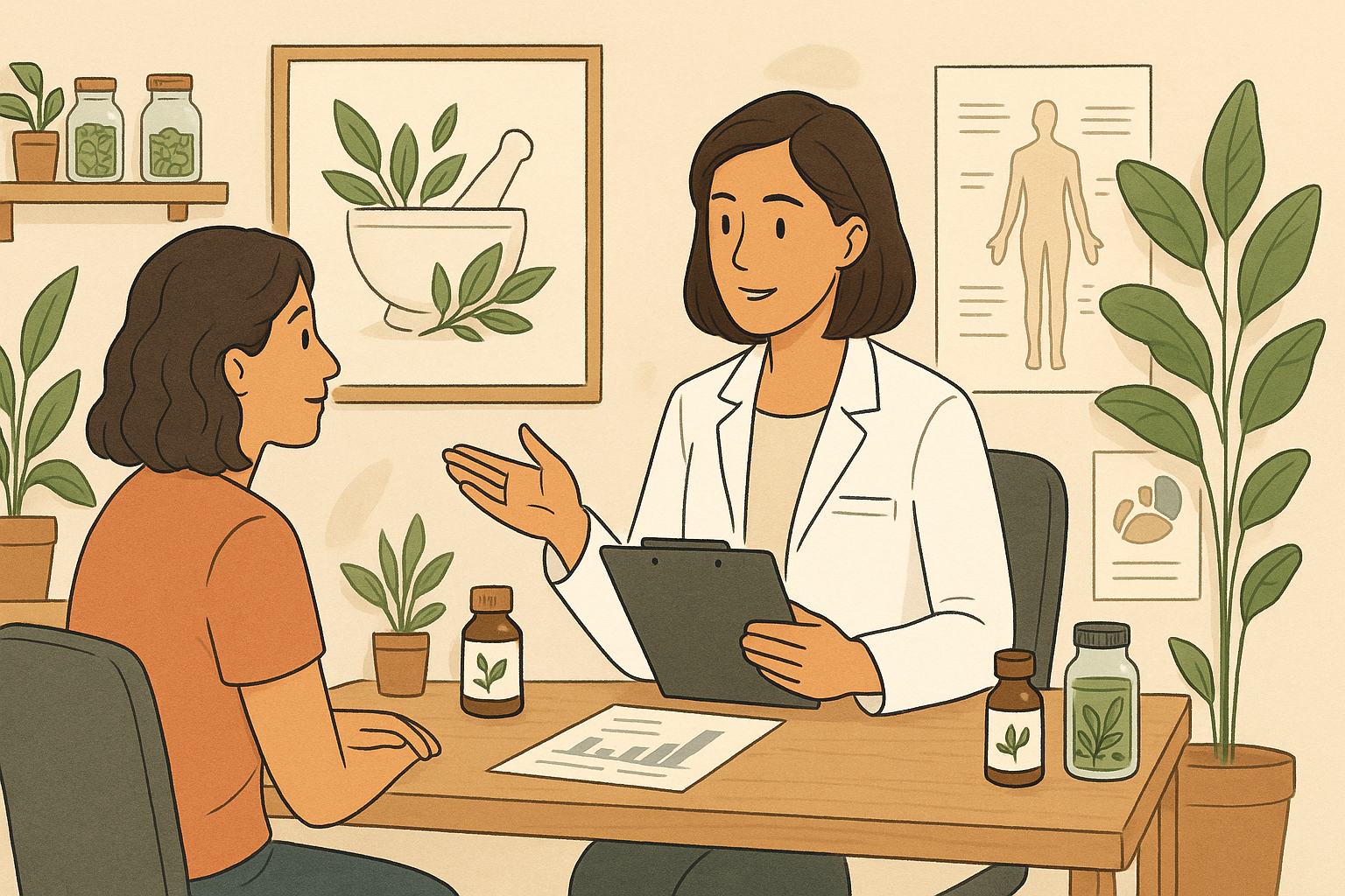 Illustration of a naturopathic doctor consulting with a new patient in a Burlington Ontario clinic, featuring herbal medicine bottles, natural health decor, and educational medical charts