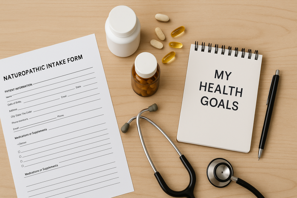 Naturopathic intake form alongside supplement bottles, pills, a stethoscope, and a notebook reading 'My Health Goals' on a desk, illustrating what to expect during a first visit to an Ontario naturopath clinic