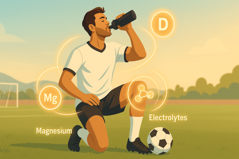 Soccer player hydrating on the field with visual highlights of magnesium, electrolytes, and vitamin D, emphasizing key nutrients for athletic performance as part of a soccer sports nutrition plan