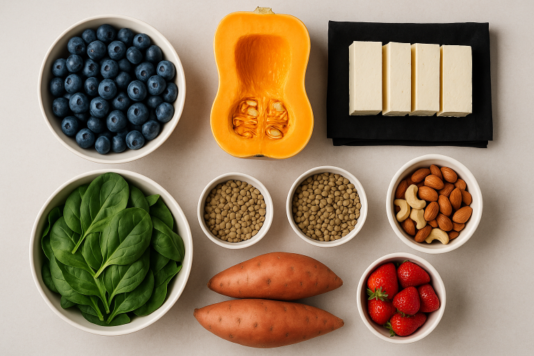 Assortment of whole foods including blueberries, spinach, butternut squash, tofu, lentils, mixed nuts, sweet potatoes, and strawberries arranged on a light table, emphasizing balanced nutrition for athletes
