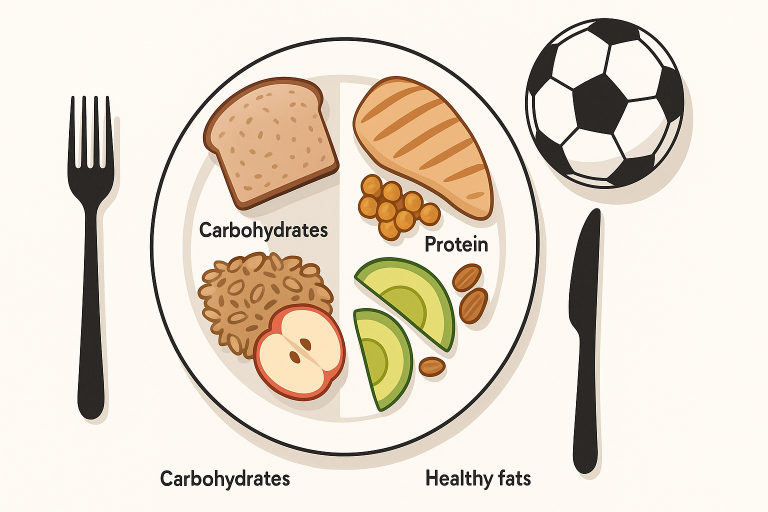 Illustration of a balanced soccer sports nutrition plate displaying healthy portions of carbohydrates, protein, and healthy fats, with a soccer ball beside the plate