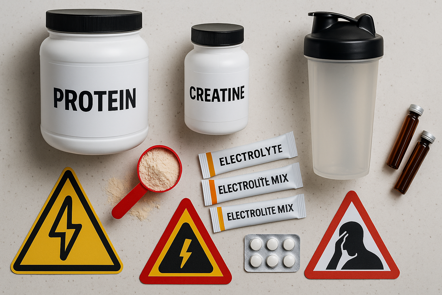 Assorted sports nutrition supplements including protein powder, creatine, electrolyte mix packets, a shaker bottle, tablets, and warning signs arranged on a countertop, illustrating key elements of a soccer sports nutrition plan
