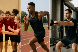 Collage showing young athletes celebrating in team uniforms, a sprinter running on an outdoor track, and a man performing a kettlebell workout at a gym, representing sports nutritionist services in Burlington