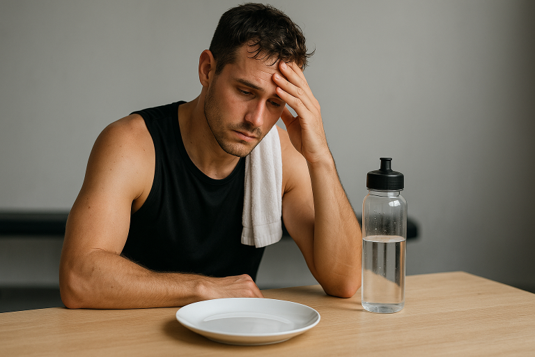 Athlete in black tank top looking fatigued with an empty plate and water bottle symbolizing challenges in vo2 max improvement nutrition