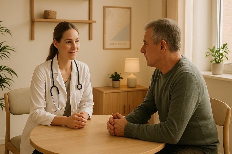 A female doctor with a stethoscope consults with a middle-aged male patient in a bright, welcoming clinic office, highlighting personalized hormone panel wellness testing services in Burlington, Ontario.
