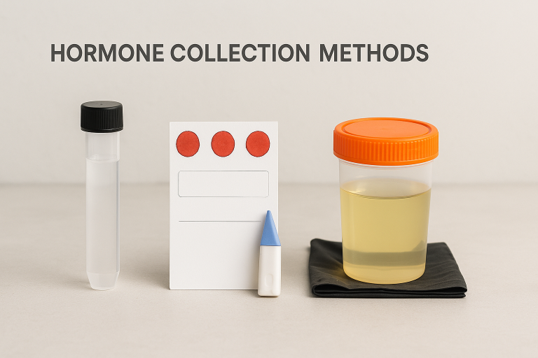 Various hormone collection methods including a saliva tube, blood spot card, and urine sample container used for hormone panel wellness testing at Phenom High Performance Medicine Clinic in Burlington Ontario