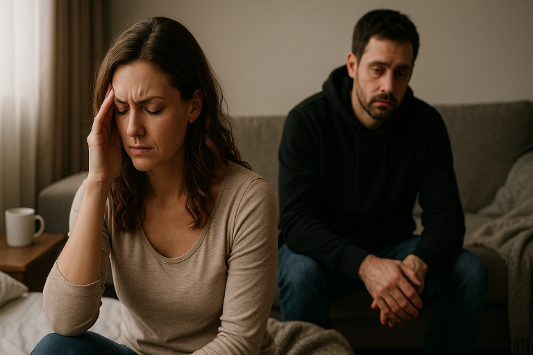 A concerned woman sitting on a couch holding her head, with a man in the background looking worried, illustrating possible symptoms of hormone imbalance