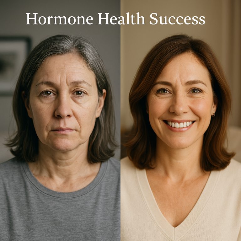 Split image showing a middle-aged woman before and after hormone panel wellness testing, with a visible improvement in mood and appearance, highlighting success in hormone health.