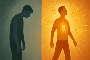 illustration showing a tired person on the left transforming into an energized person on the right surrounded by glowing mitochondria, symbolizing the benefits of mitochondrial function testing