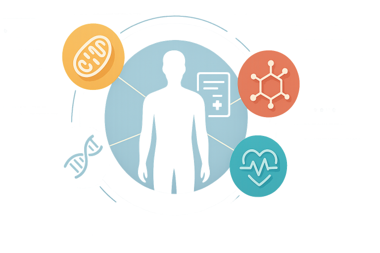 Illustration of a human silhouette connected to colorful icons representing mitochondria, molecular structure, DNA, and heart health, symbolizing comprehensive performance blood panel testing