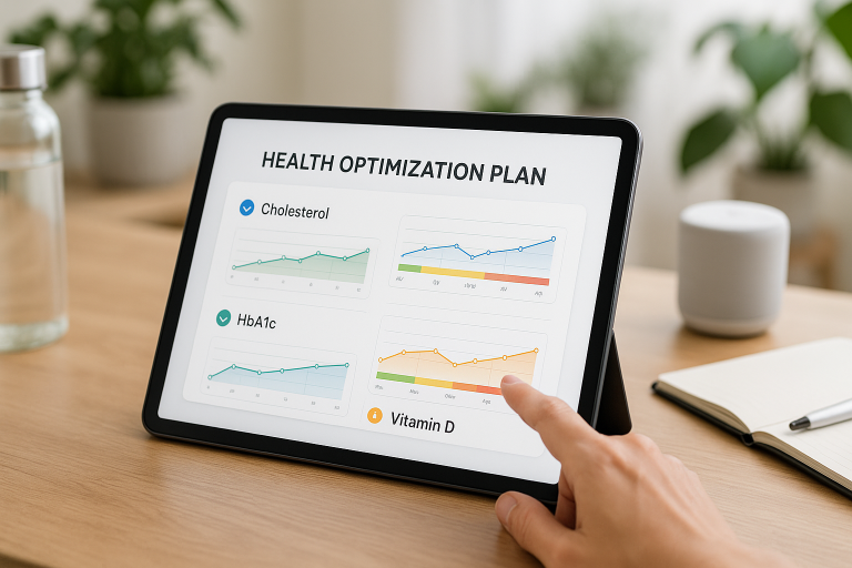 Close-up of a person reviewing digital health optimization plan graphs on a tablet, showing cholesterol, HbA1c, and vitamin D trends, in a modern clinic workspace