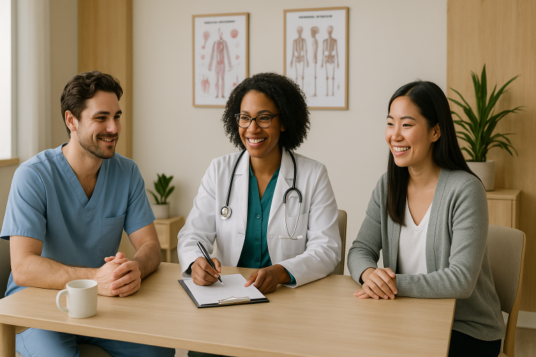 A diverse medical team including a doctor and two patients sit together at a desk with charts in the background, discussing performance blood panel testing at a Burlington clinic