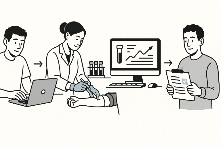 Step by step illustration of a patient booking a performance blood panel test online, having blood drawn by a clinician, and reviewing test results at Phenom High Performance Medicine Clinic in Burlington Ontario