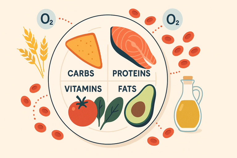 Illustration of a balanced plate divided into carbs, proteins, vitamins, and fats with foods like salmon, avocado, tomato, leafy greens, grains, cheese, and olive oil, highlighting nutrition essentials for VO2 Max improvement
