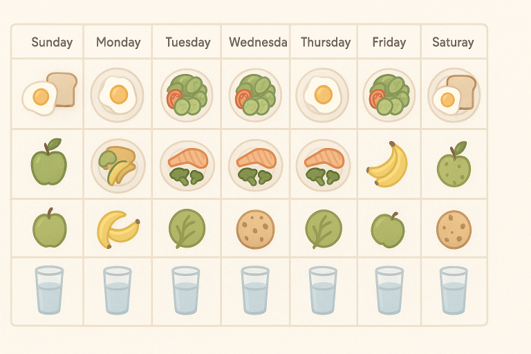 Illustrated weekly meal plan grid featuring eggs, toast, salads, salmon, fruits, cookies, vegetables, and water for optimal VO2 Max improvement nutrition