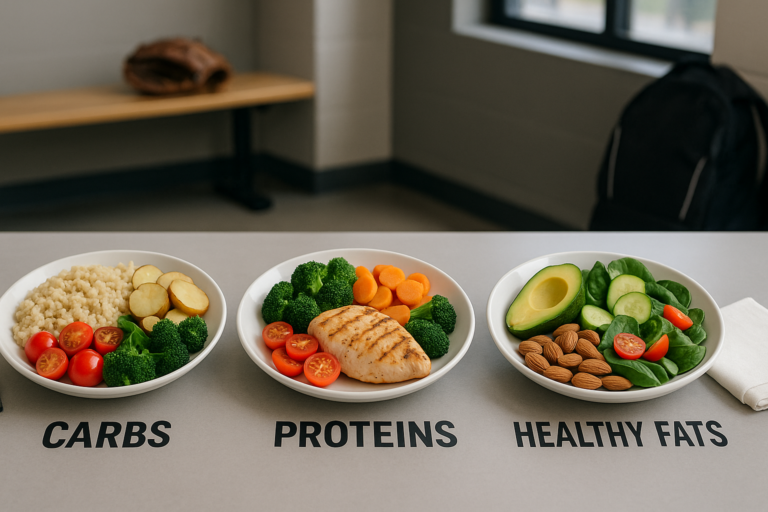 Three bowls containing balanced macronutrients for baseball player nutrition: one with rice, potatoes, tomatoes, and broccoli labeled carbs; one with grilled chicken, broccoli, carrots, and tomatoes labeled proteins; and one with avocado, spinach, cucumber, almonds, and tomatoes labeled healthy fats, displayed on a table in a sports clinic setting.