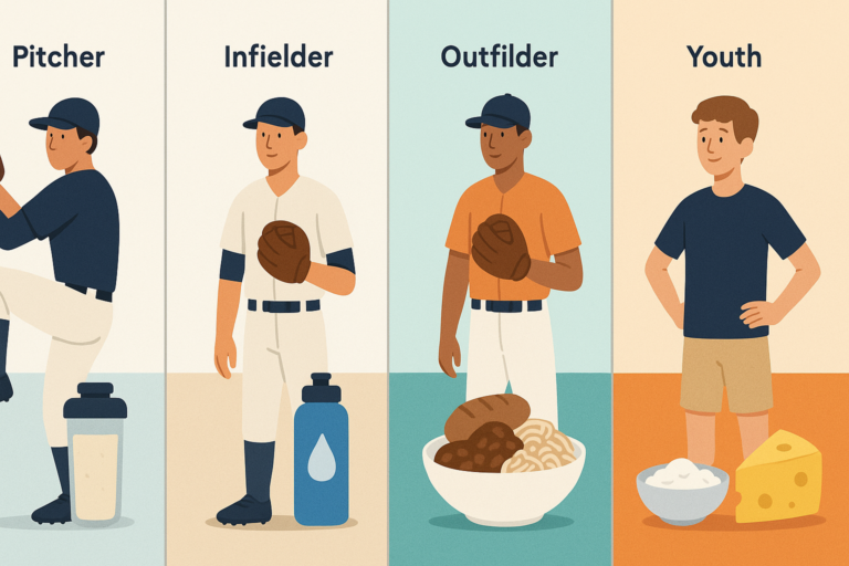 Illustrated guide showing a pitcher, infielder, outfielder, and youth baseball player each with different types of foods or beverages representing tailored nutrition for their roles.