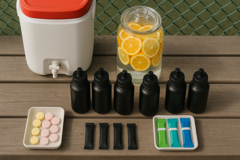 Arrangement of hydration bottles, a jar of lemon water, electrolyte tablets, and supplement packs set up on a bench near a baseball field fence, focusing on sports nutrition for baseball players.