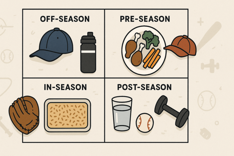 Illustrated chart showing baseball player nutrition and gear for off-season, pre-season, in-season, and post-season, including caps, food, glove, water, weights, and baseballs