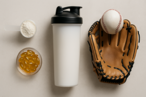 Protein powder, nutritional supplements, a shaker bottle, a baseball glove, and a baseball neatly arranged on a neutral background, representing essential elements of nutrition for baseball players.