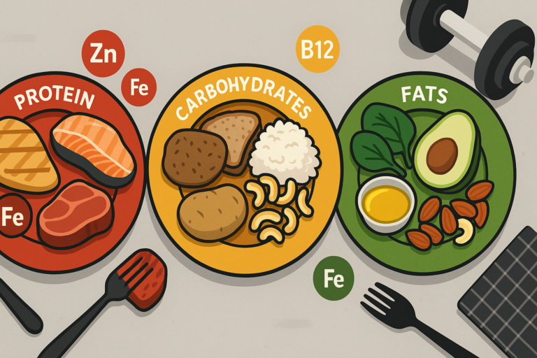 Illustration of balanced meal plates showing proteins, carbohydrates, and healthy fats including salmon, chicken, beef, bread, rice, potatoes, avocado, nuts, leafy greens, and eggs with nutrients like iron, zinc, and B12, alongside workout equipment