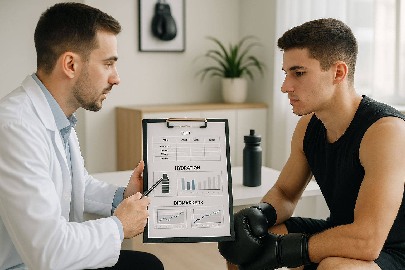 Sports nutritionist discusses personalized diet hydration and biomarker charts with young male boxer wearing gloves during a consultation session in a modern clinic setting