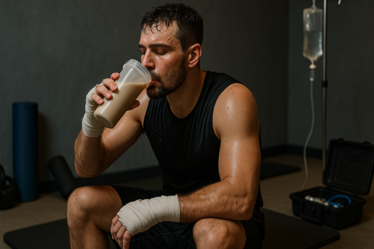 Male athlete wearing hand wraps and gym attire drinking a protein shake after an intense boxing workout, with hydration equipment in a fitness clinic setting