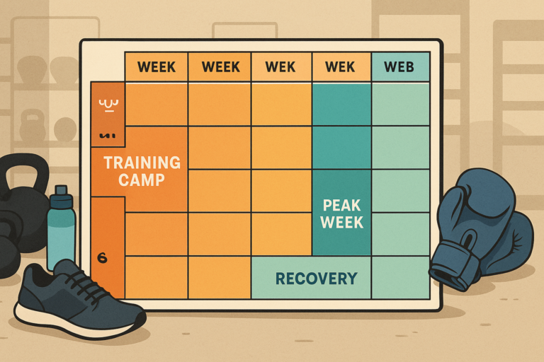 Illustrated boxing training camp schedule showing weeks for training, peak week, and recovery, with gym equipment, boxing gloves, sneakers, and water bottle in a gym environment