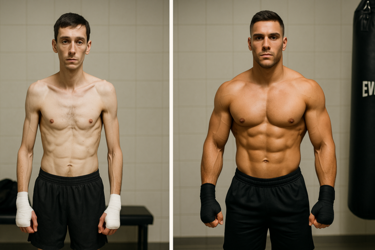 Side by side comparison of a boxer before and after following a boxing nutrition program, showing significant muscle gain and improved physique in a gym setting