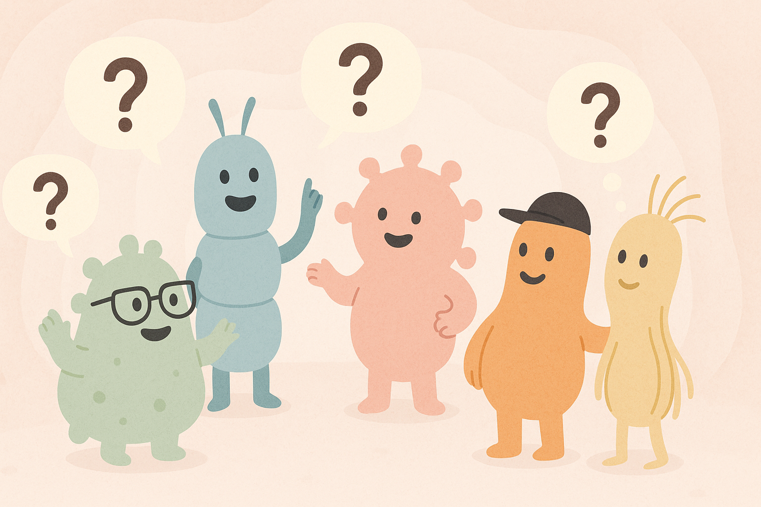 Illustration of friendly colorful cartoon gut microbiome characters with question marks, representing curiosity about natural ways to improve gut health