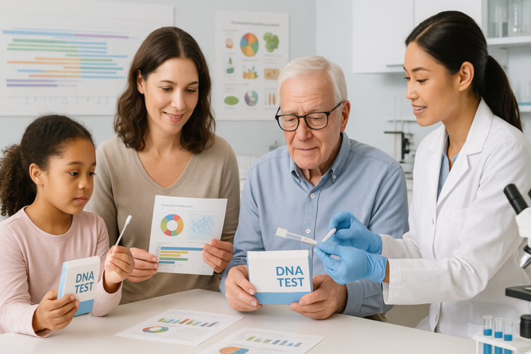 A diverse family and medical professional conduct DNA testing and review health charts together, illustrating personalized gut health assessment at Phenom High Performance Medicine Clinic in Burlington.