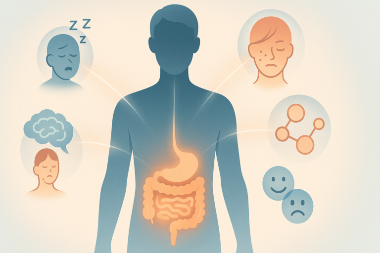 Illustration of a human silhouette highlighting the digestive system with icons representing sleep, mood, brain health, skin, and molecular connections, demonstrating how to improve gut health naturally