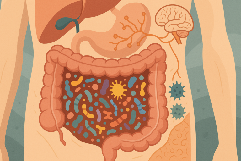 Illustration of human digestive system highlighting the intestines, diverse gut microbiota, and connections between the gut, brain, and organs, representing natural ways to improve gut health.