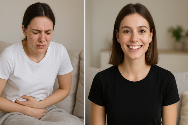 Side by side comparison of a young woman with stomach discomfort and acne on the left, and the same woman looking healthy and smiling on the right, illustrating natural gut health improvement